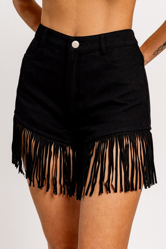 Women's Black Denim Shorts With Fringe Bottom With Zip and Button Fly closure