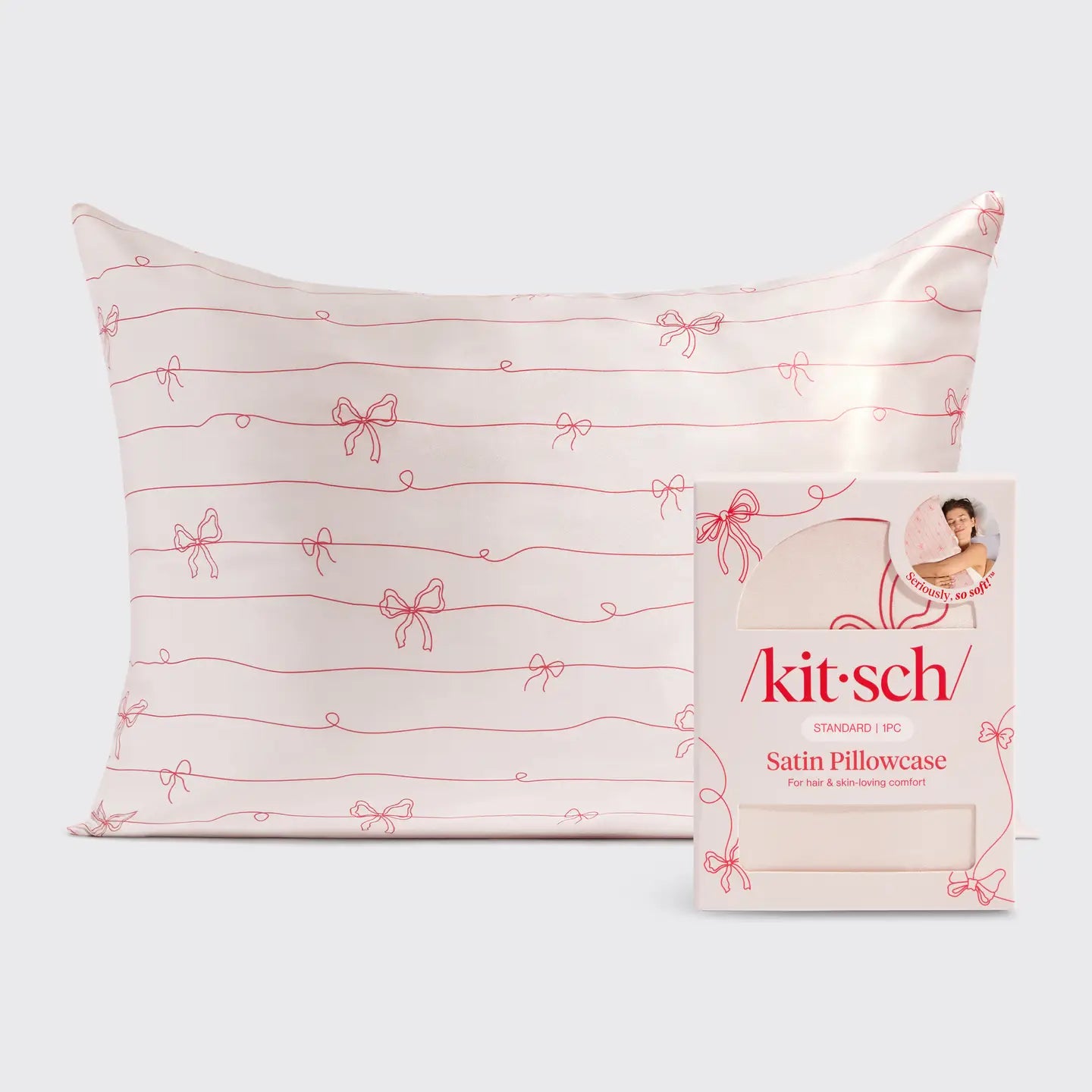 Holiday Satin Pillowcase in Striped Bows - Standard