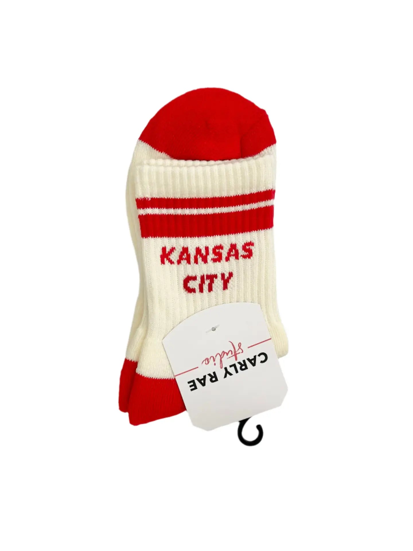 White and red sock with 'Kansas City' text on a white background