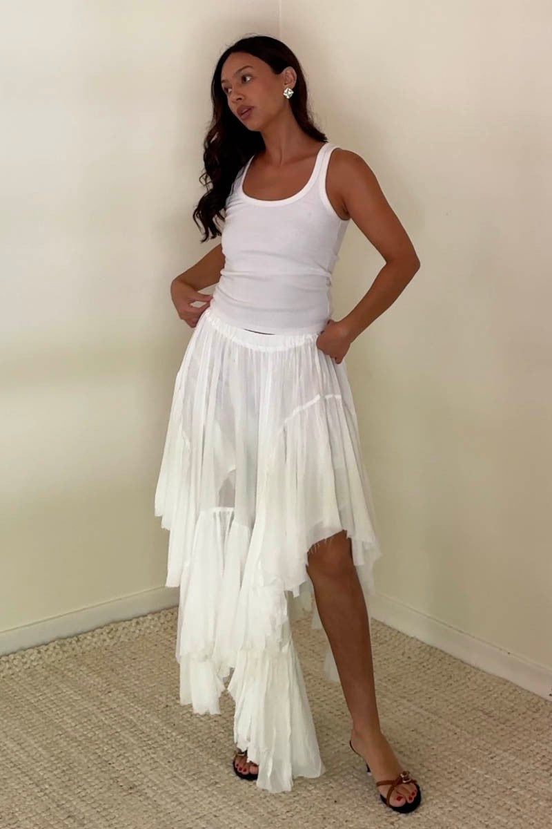 Woman posing with hands on hips in a white tank top and flowy, layered white skirt with dramatic ruffles, standing indoors against a plain wall.