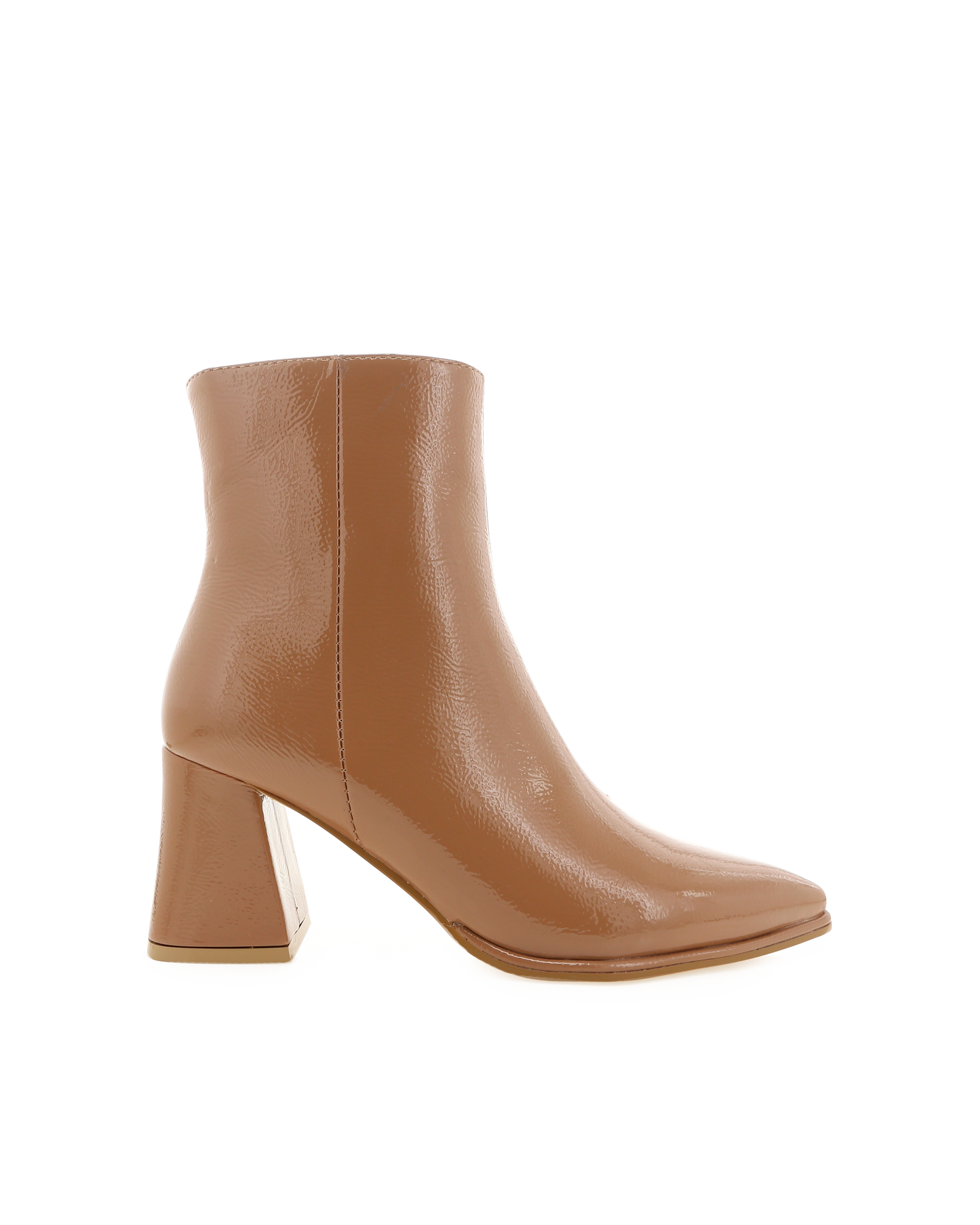 Chic ankle boot in a toffee crinkle patent and statement triangular block heel.