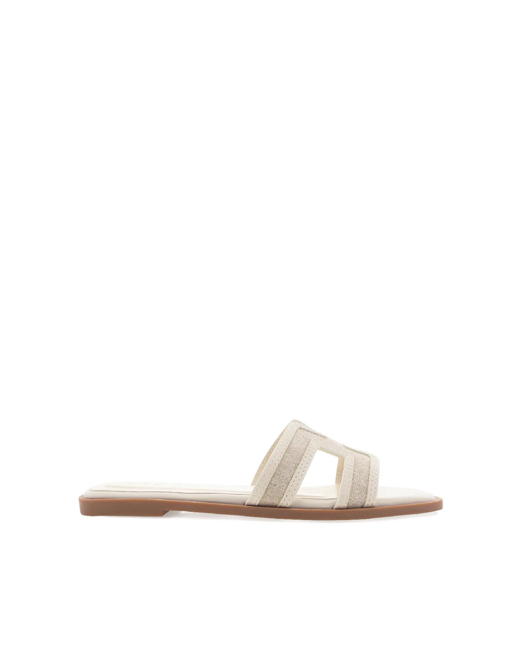 Chic cream linen flat sandal featuring a geometric cutout design, open toe, and slip-on style with a cushioned sole for effortless comfort and style."
