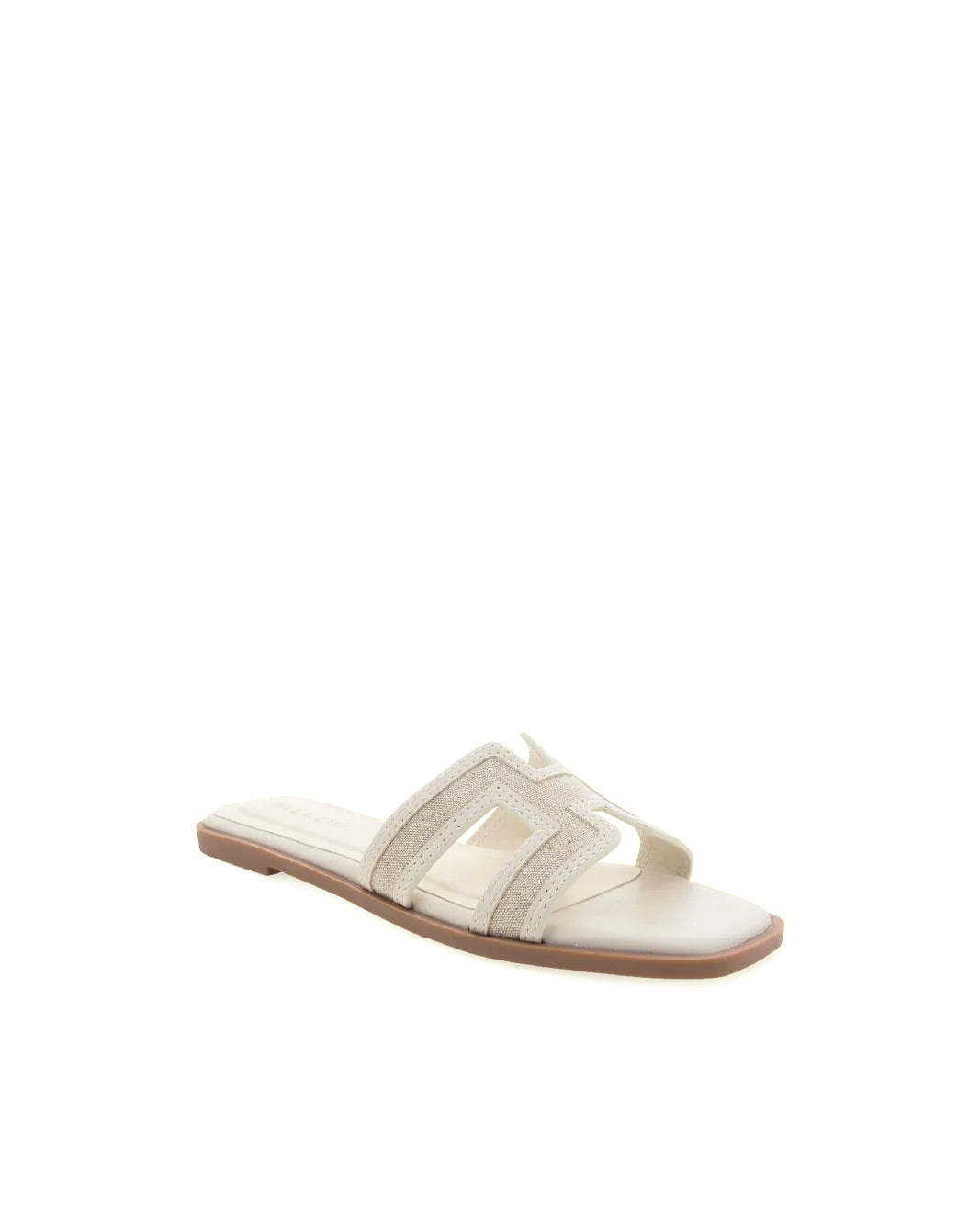 Chic cream linen flat sandal featuring a geometric cutout design, open toe, and slip-on style with a cushioned sole for effortless comfort and style."
