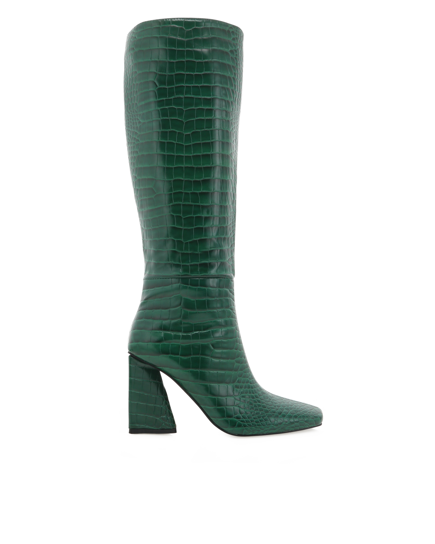 forest green crocodile embossed knee high boot with a square toe