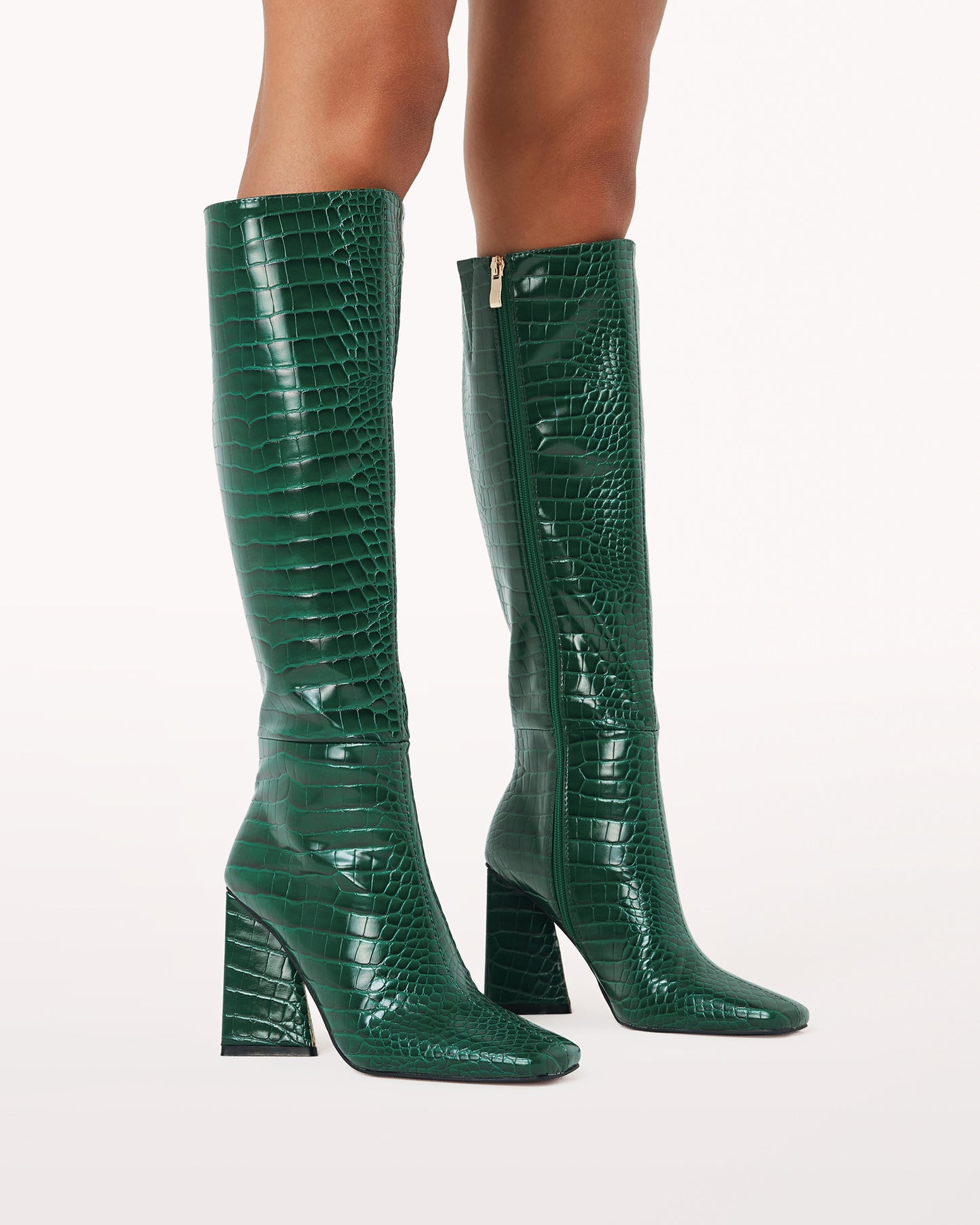 forest green crocodile embossed knee high boot with a square toe
