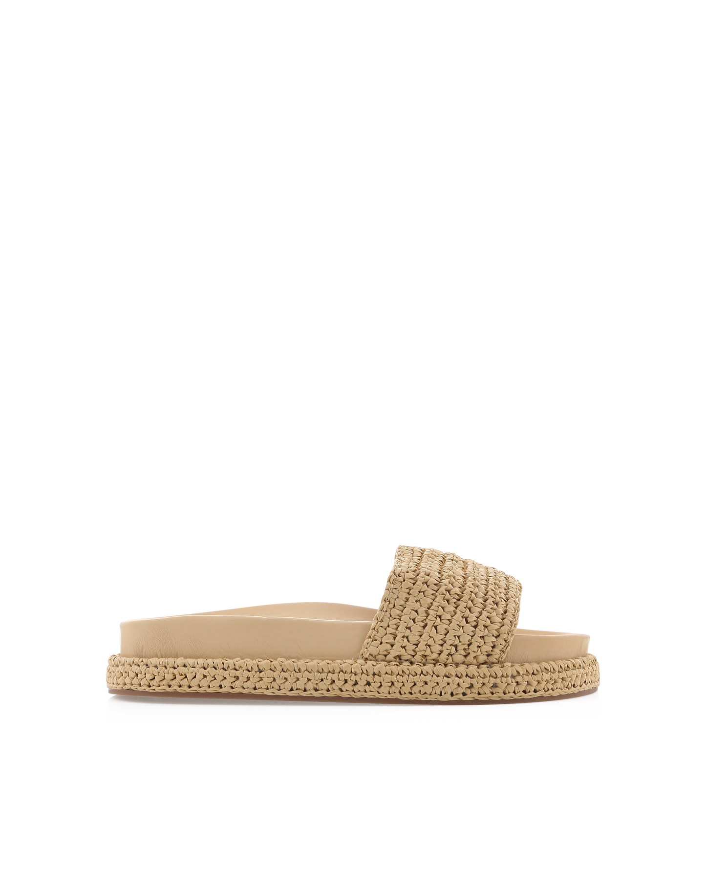 Natural raffia slide sandal featuring a wide woven strap and matching raffia-wrapped platform sole. This neutral slip-on sandal offers effortless style and comfortable cushioning, perfect for beach days, vacations, or casual warm-weather outfits.