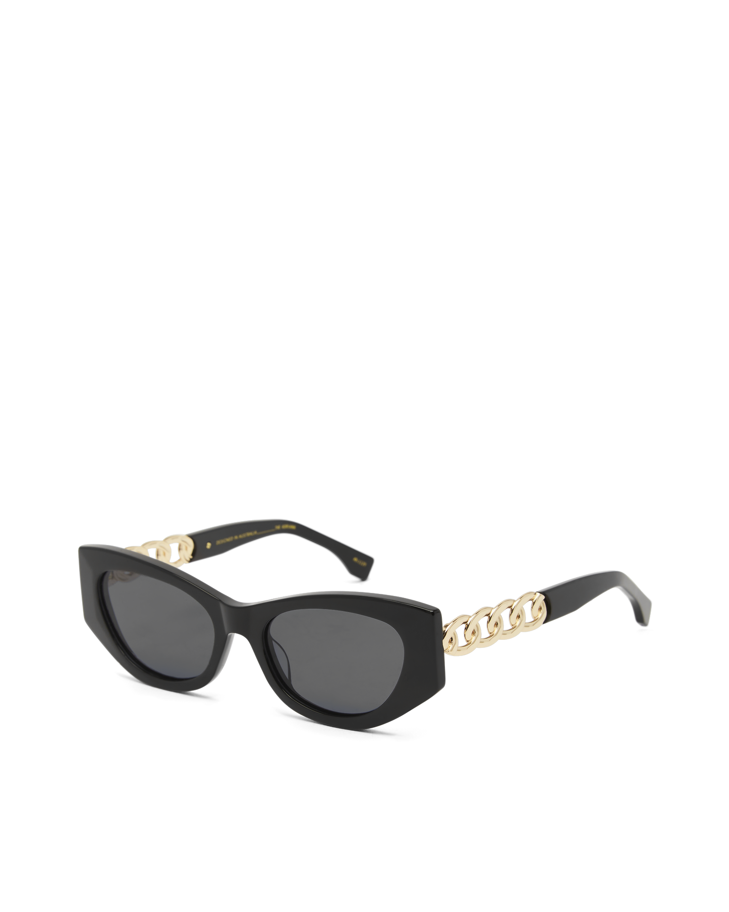Black classic acetate cat eye sunglasses . Exude retro glamour with these fashionable cat eye sunglasses, finished with a statement chain and link feature on the arms.