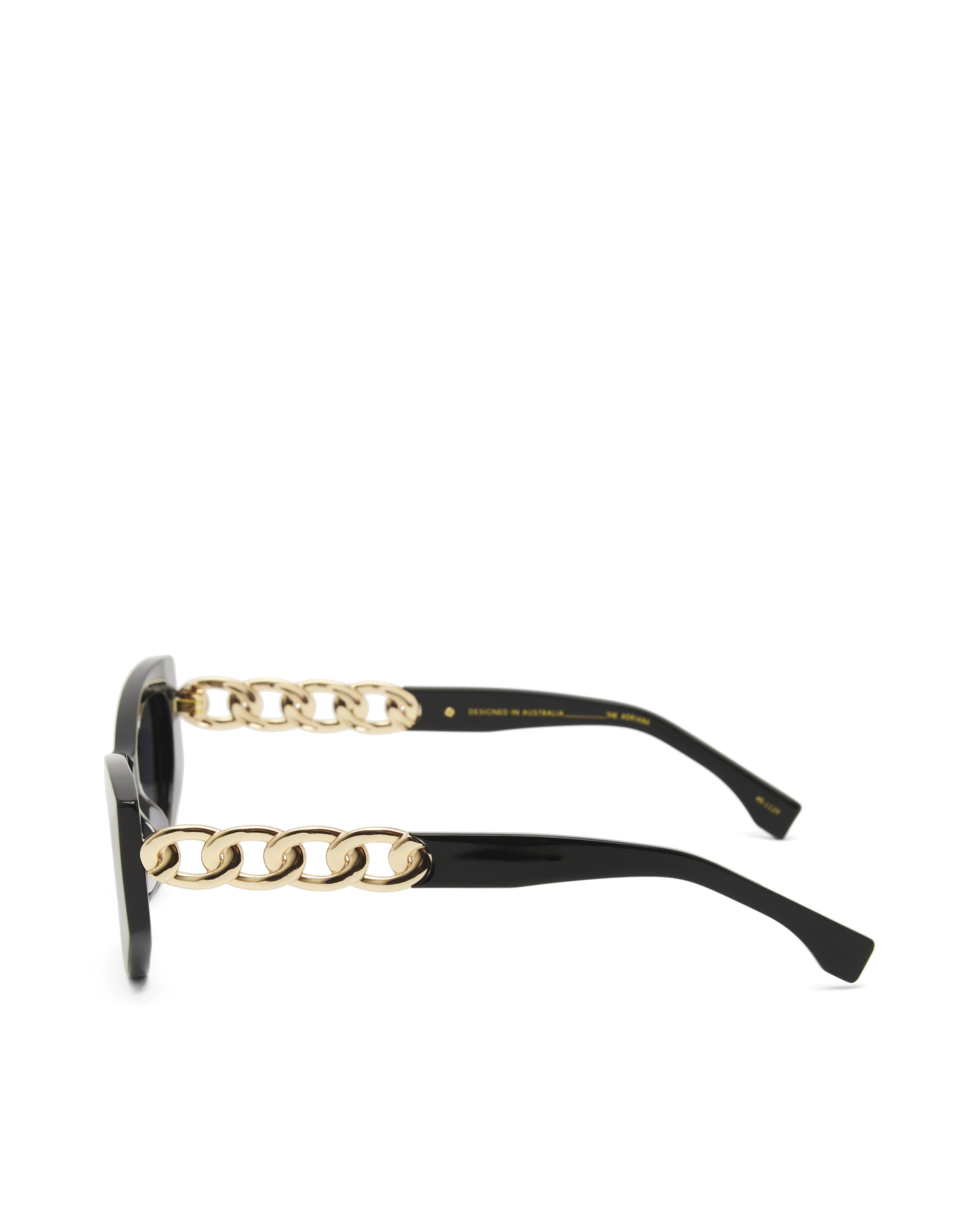 Black classic acetate cat eye sunglasses . Exude retro glamour with these fashionable cat eye sunglasses, finished with a statement chain and link feature on the arms.