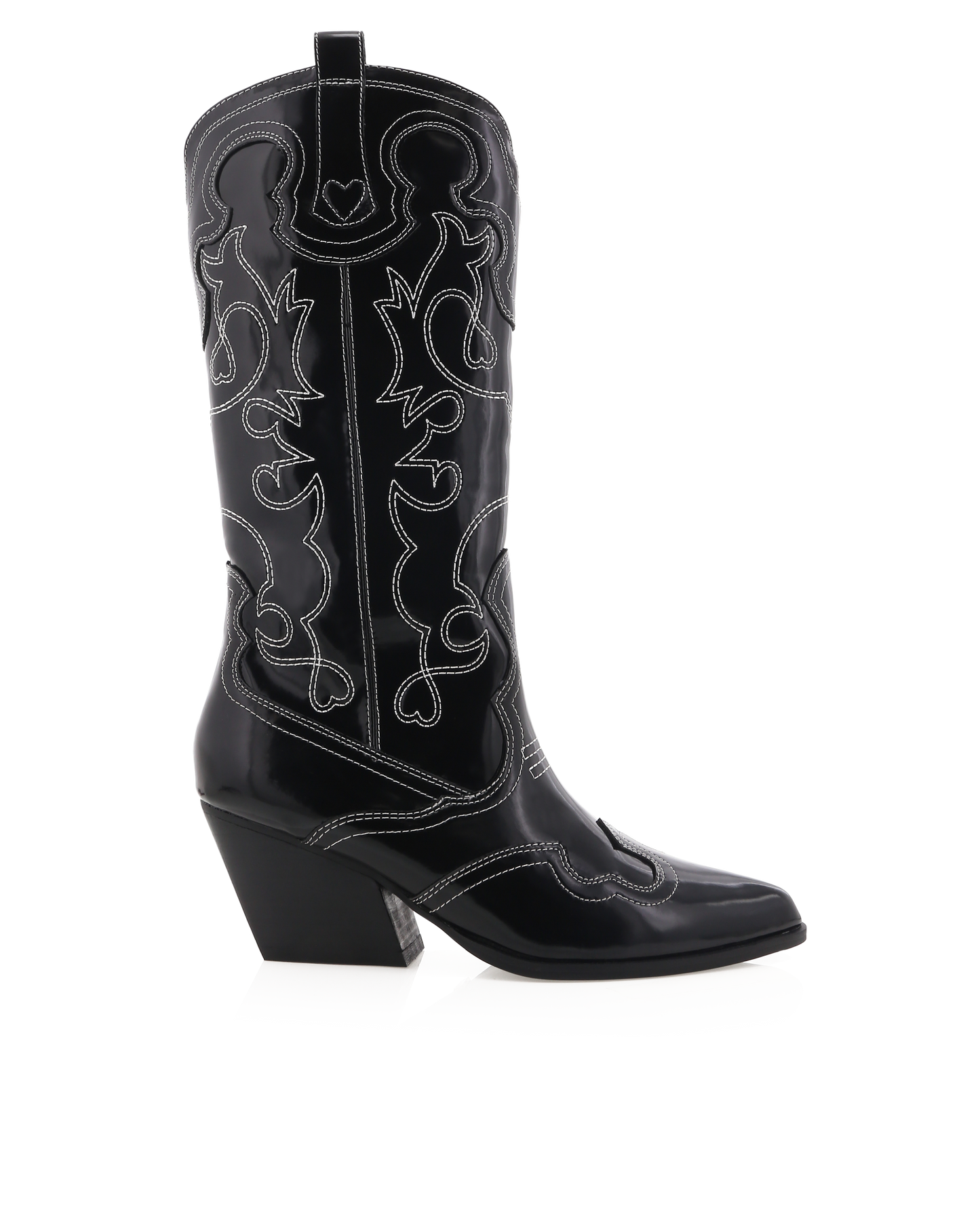 Sleek and bold, these black patent western boots feature contrasting white stitching, a pointed toe, and a stacked angled heel for a modern twist on classic cowboy style. Perfect for concerts, festivals, and statement outfits.