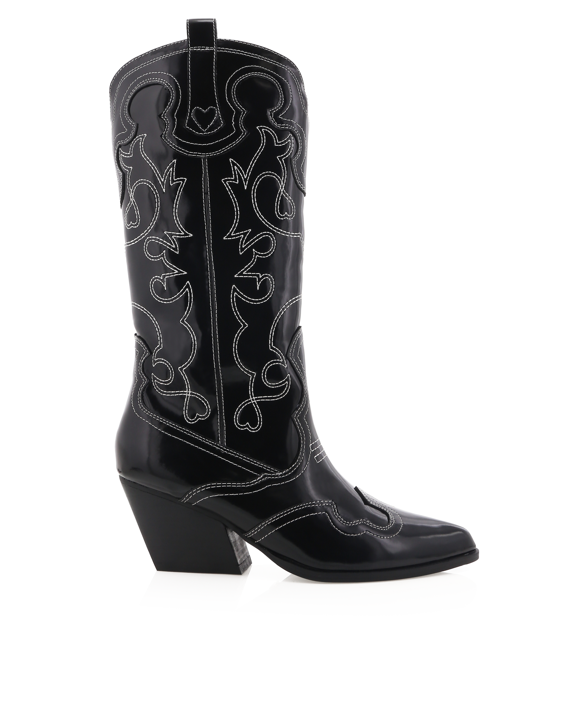 Sleek and bold, these black patent western boots feature contrasting white stitching, a pointed toe, and a stacked angled heel for a modern twist on classic cowboy style. Perfect for concerts, festivals, and statement outfits.