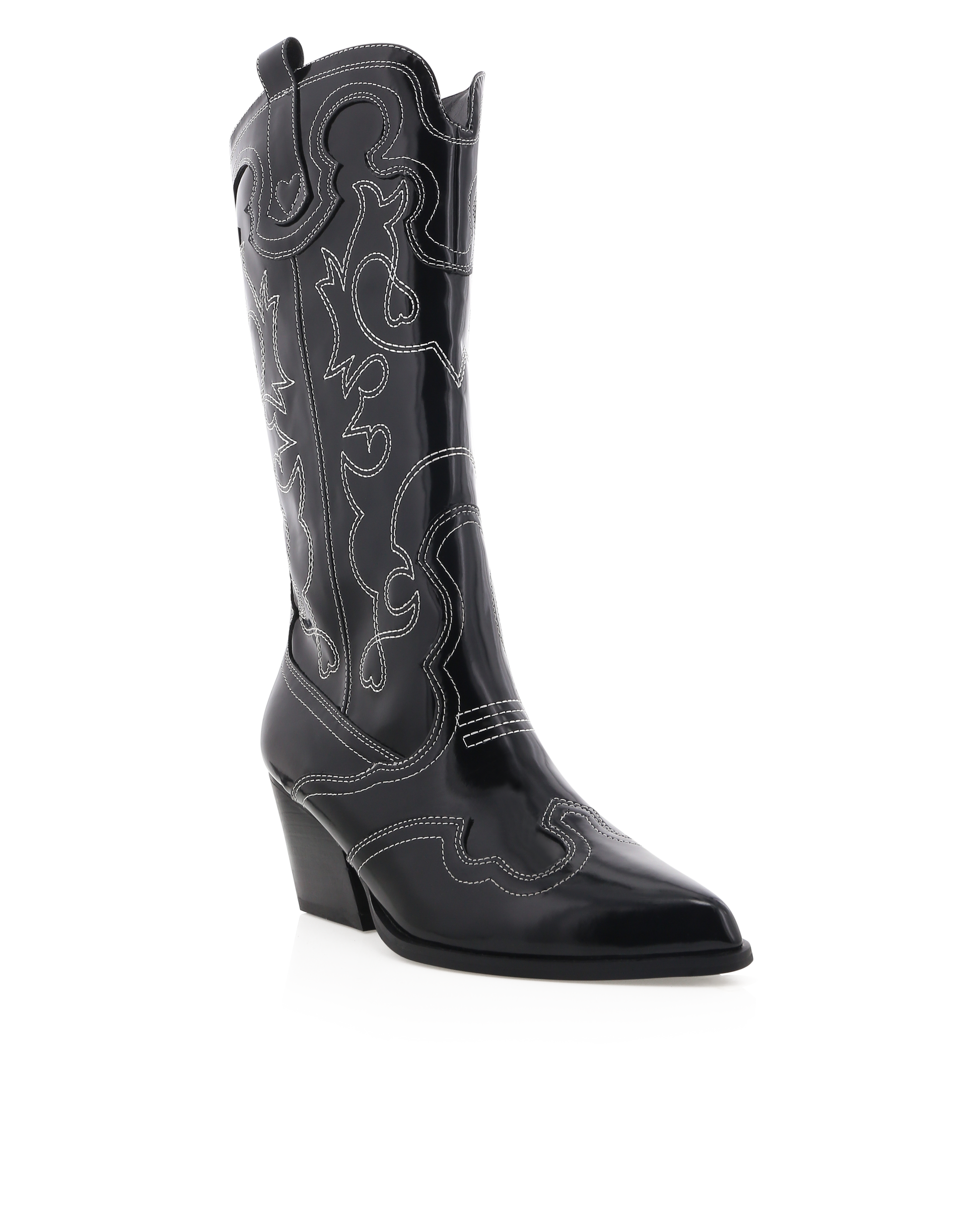 Sleek and bold, these black patent western boots feature contrasting white stitching, a pointed toe, and a stacked angled heel for a modern twist on classic cowboy style. Perfect for concerts, festivals, and statement outfits.