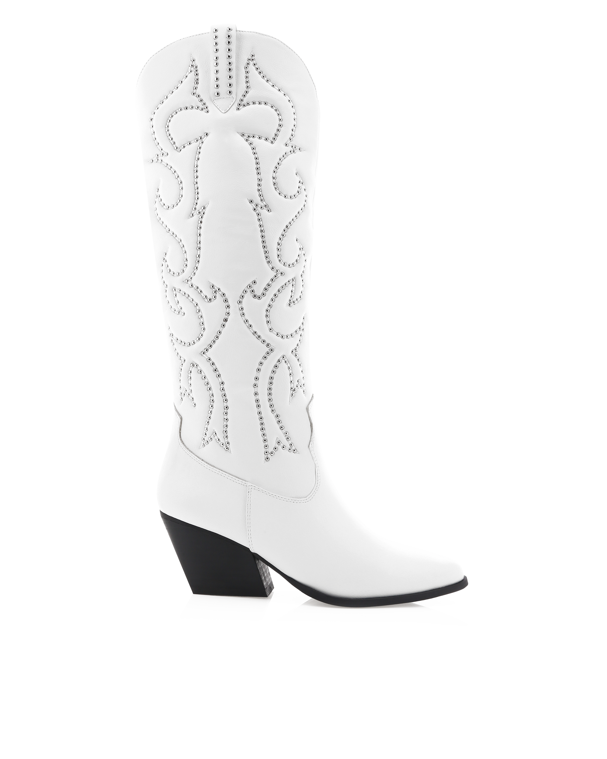 Chic and bold, these white western knee-high boots feature classic cowboy stitching with silver stud embellishments, a pointed toe, and a stacked angled heel. Perfect for country concerts, bachelorette parties, festivals, or trendy street style looks.