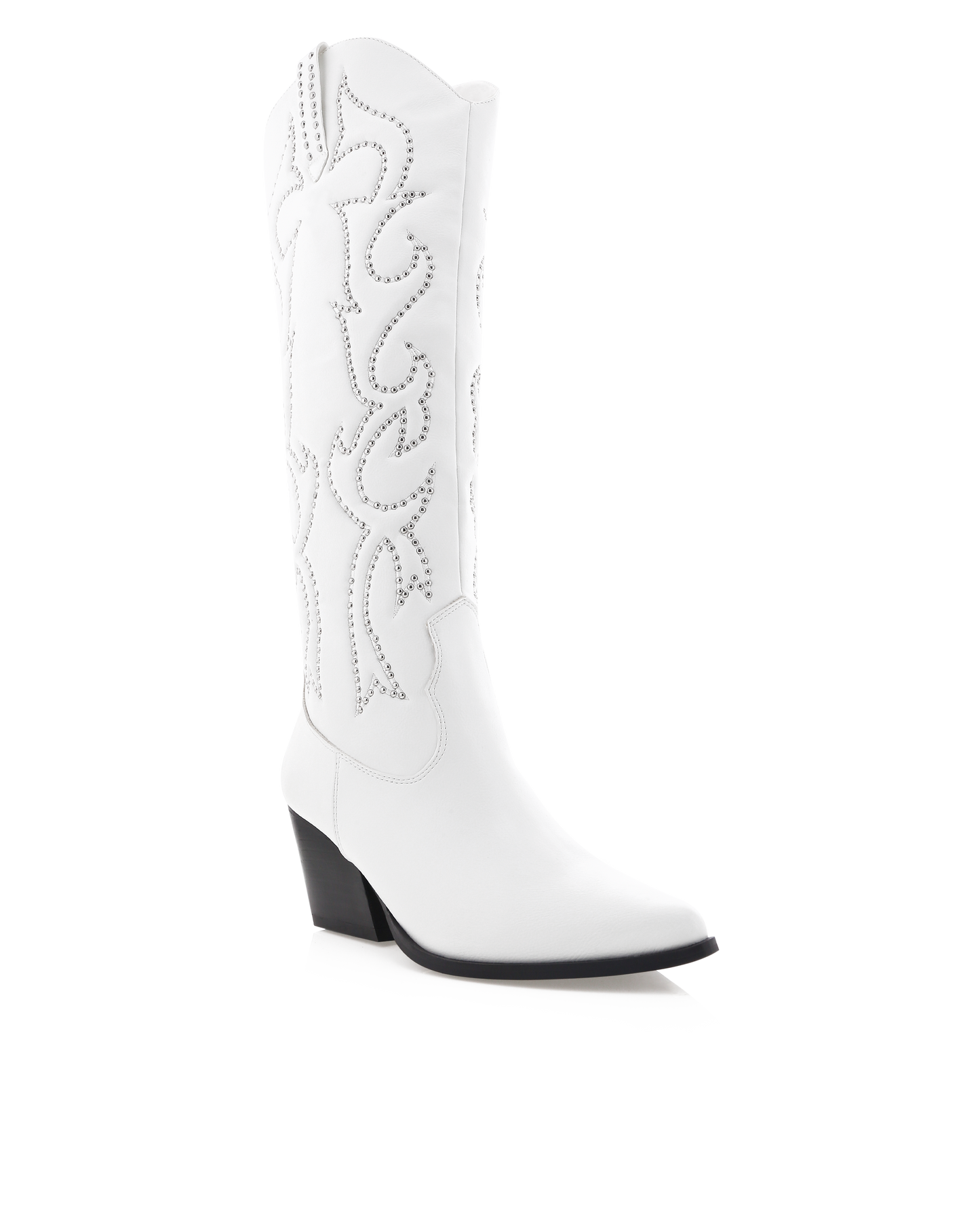 Chic and bold, these white western knee-high boots feature classic cowboy stitching with silver stud embellishments, a pointed toe, and a stacked angled heel. Perfect for country concerts, bachelorette parties, festivals, or trendy street style looks.