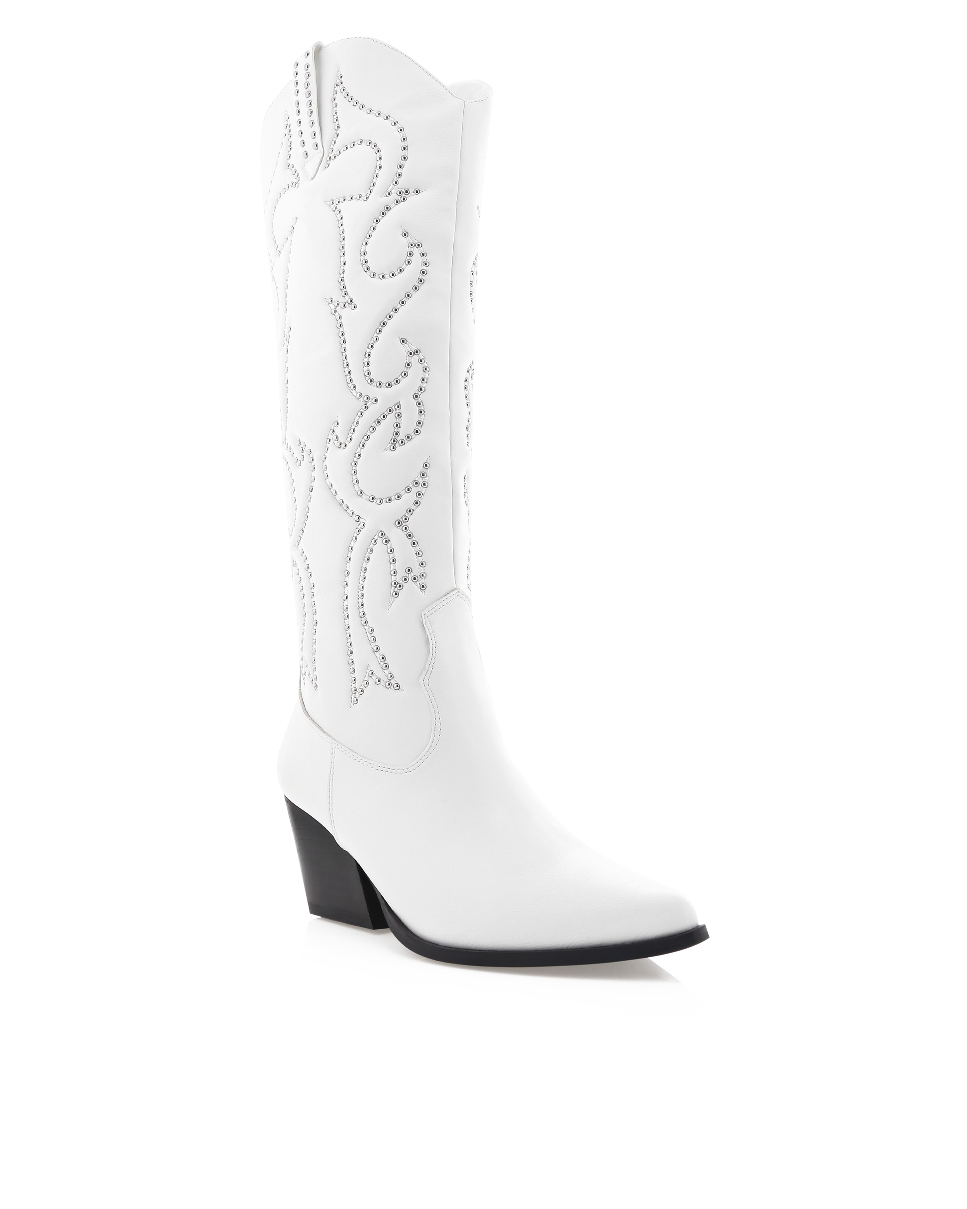 Chic and bold, these white western knee-high boots feature classic cowboy stitching with silver stud embellishments, a pointed toe, and a stacked angled heel. Perfect for country concerts, bachelorette parties, festivals, or trendy street style looks.