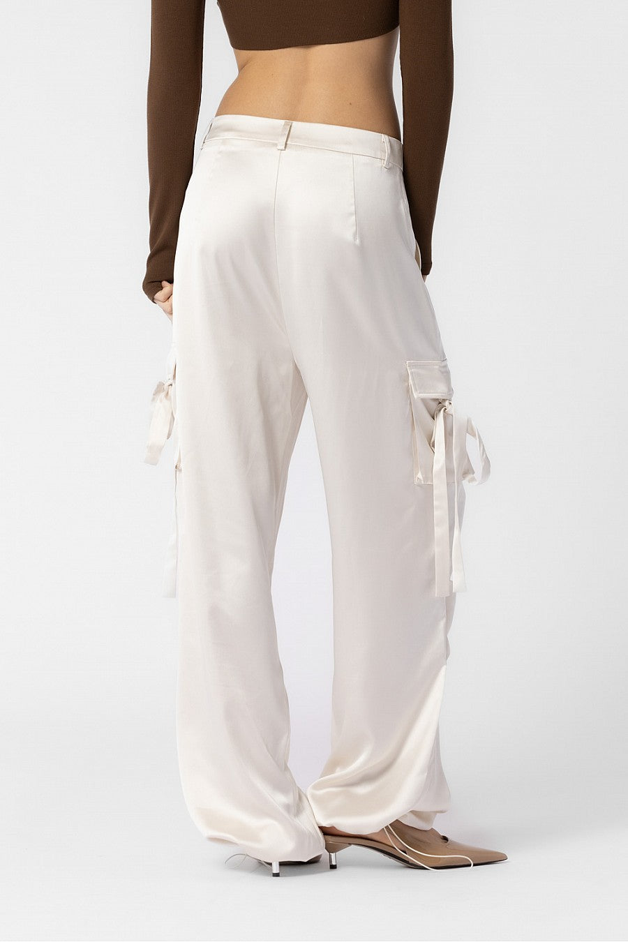 Women's White Satin Cargo Pants