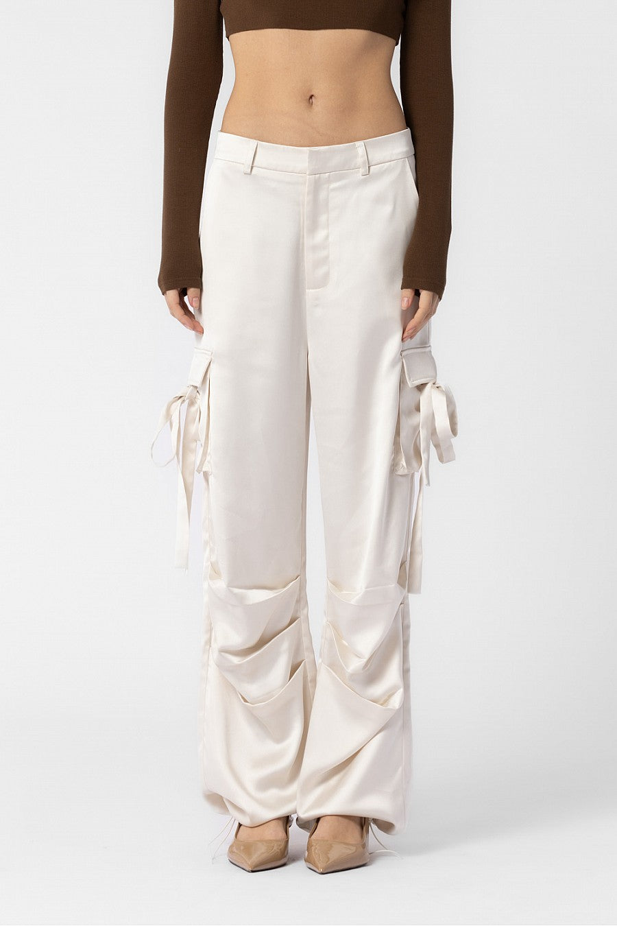 Women's White Satin Cargo Pants