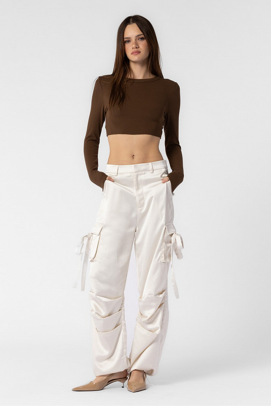 Women's White Satin Cargo Pants