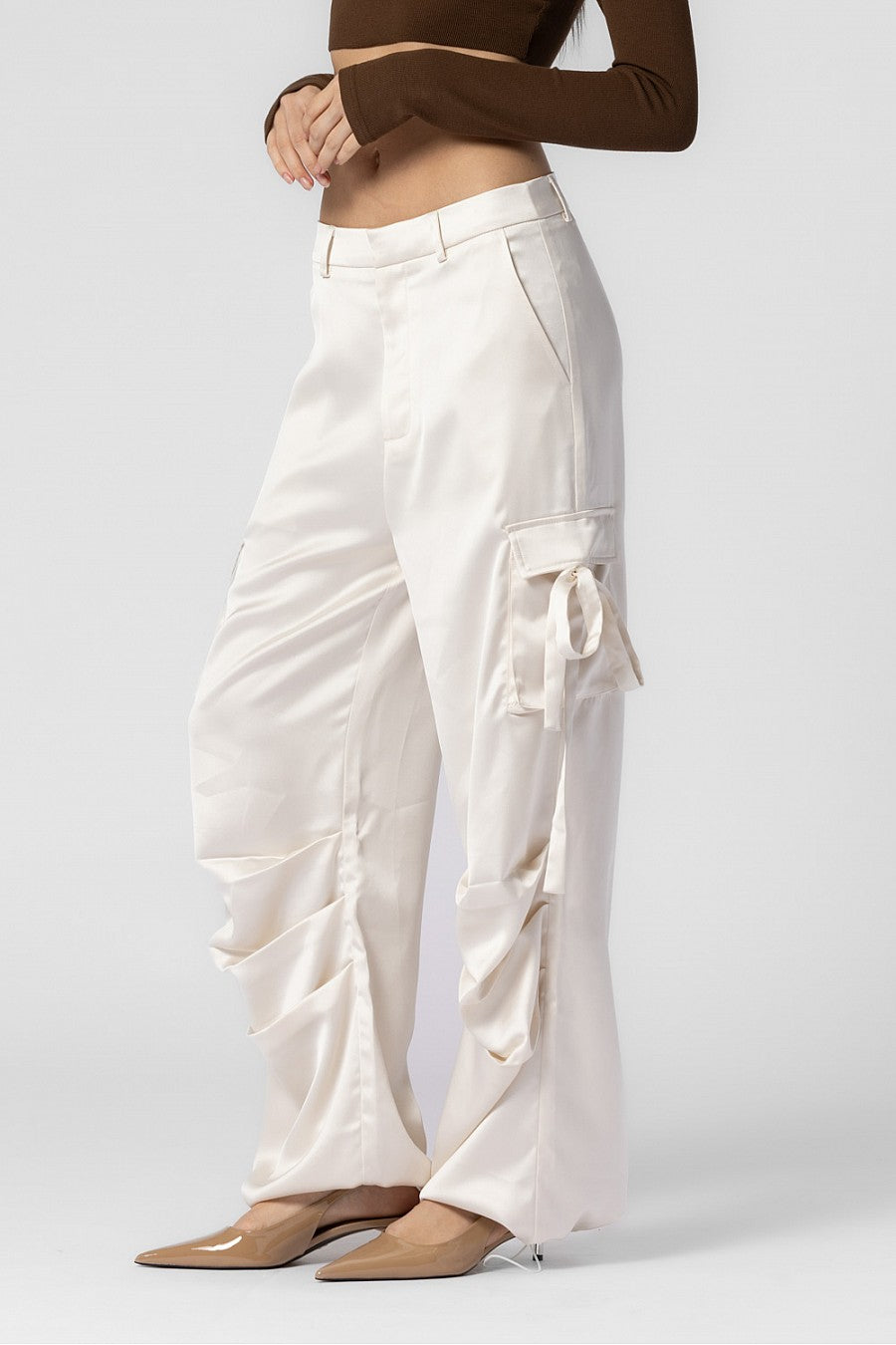 Women's White Satin Cargo Pants