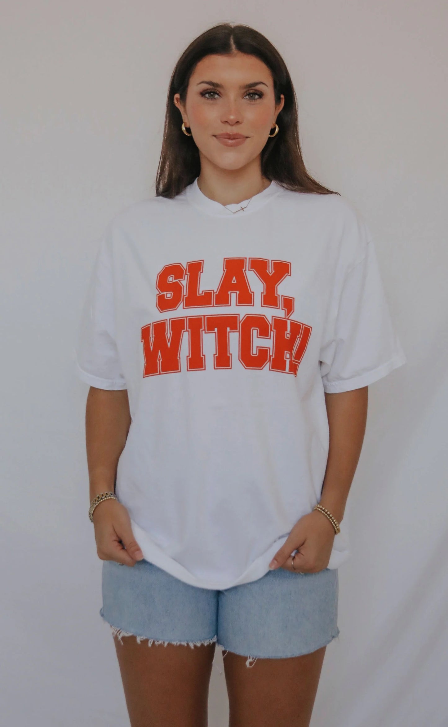 White t-shirt with slay witch in orange