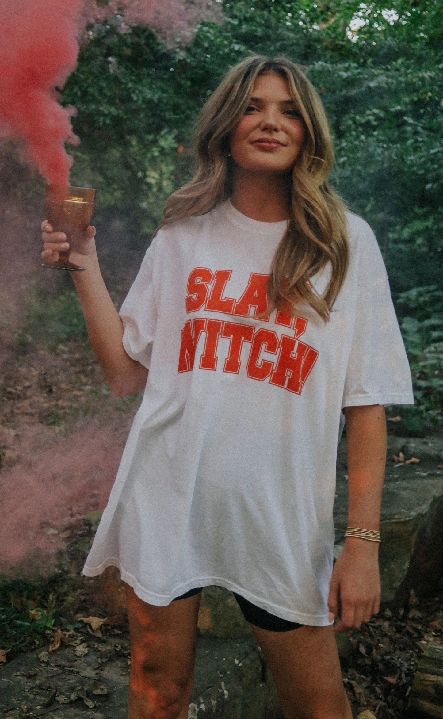 White t-shirt with slay witch in orange
