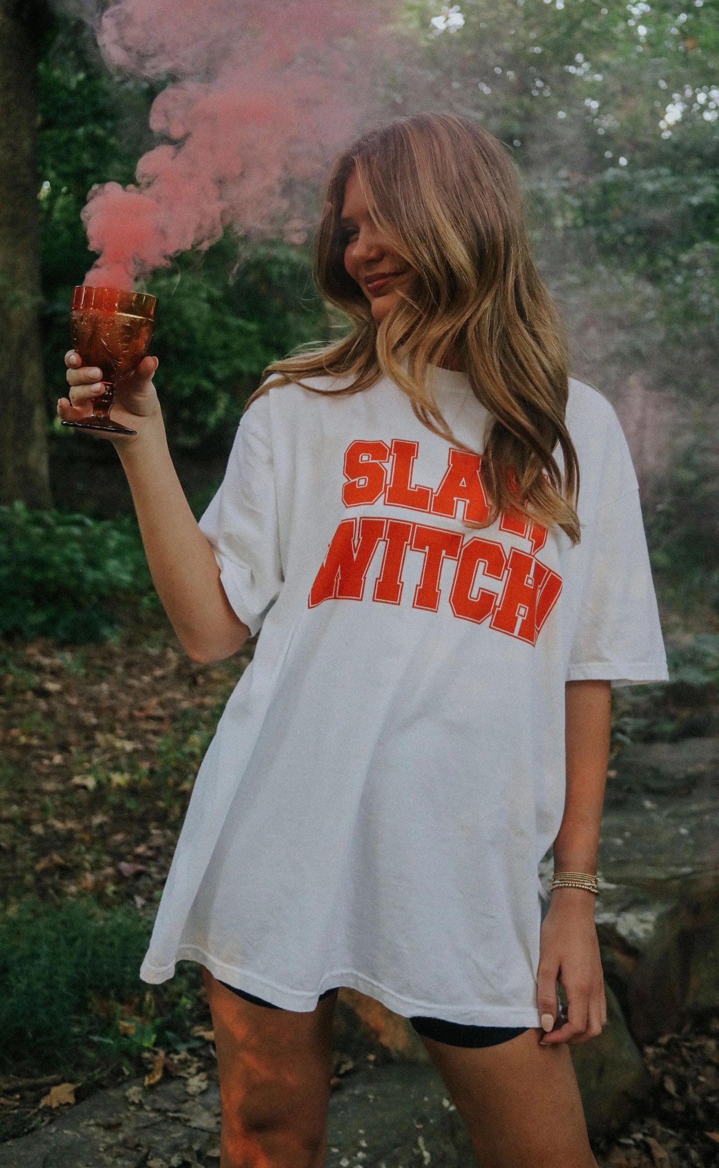 White t-shirt with slay witch in orange