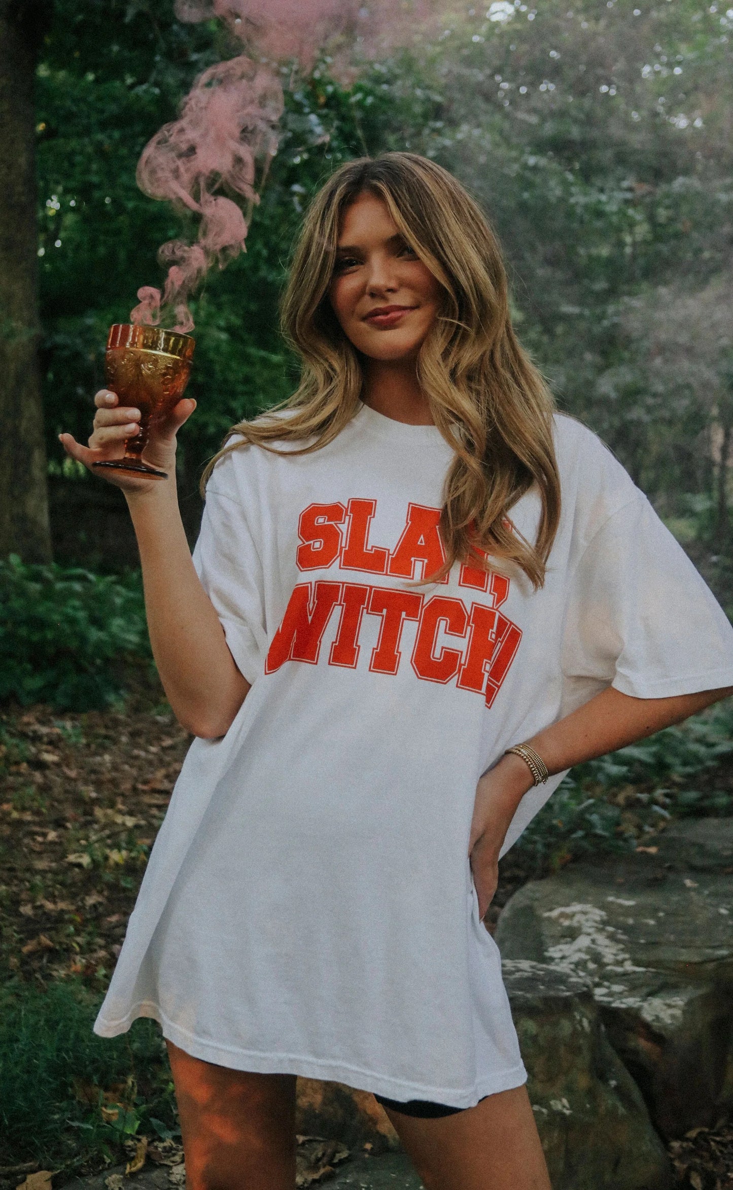 White t-shirt with slay witch in orange