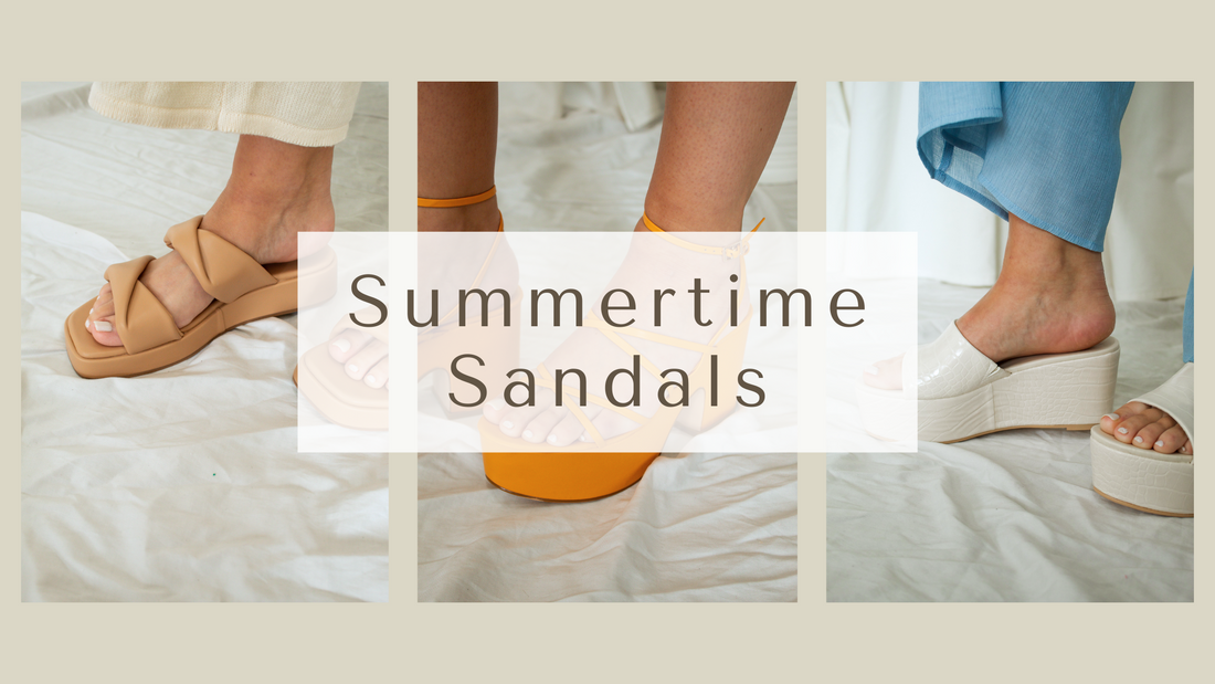 Tan padded sandals, orange platform heel and off white platform sanddal