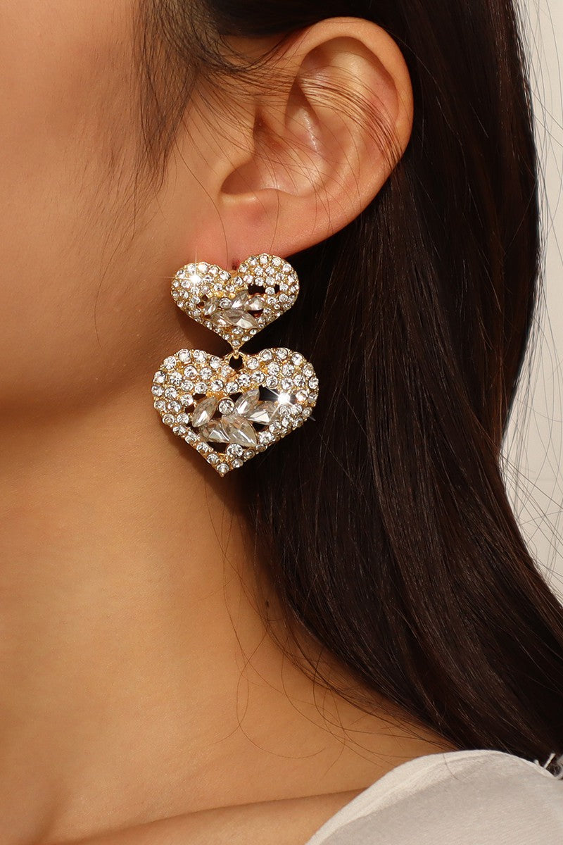 Rhinestone Heart Earrings - Gold