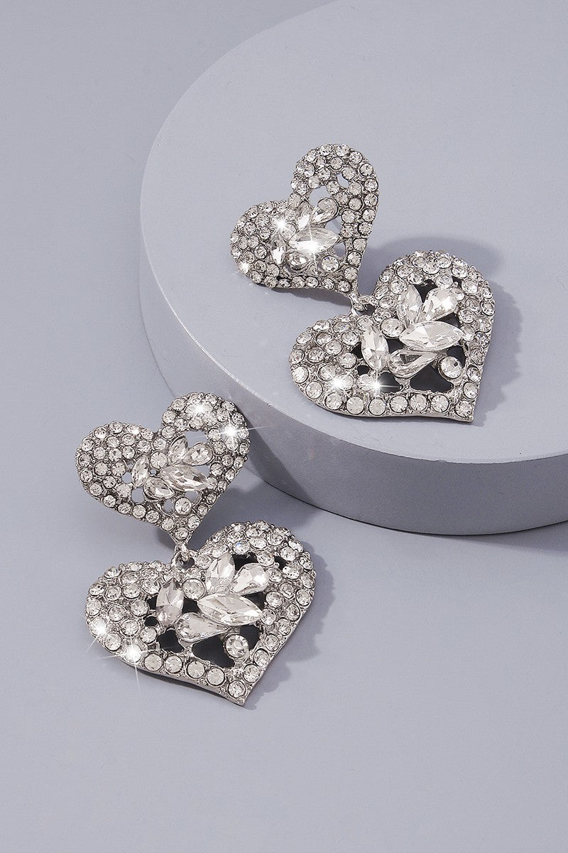Rhinestone Heart Earrings - Silver