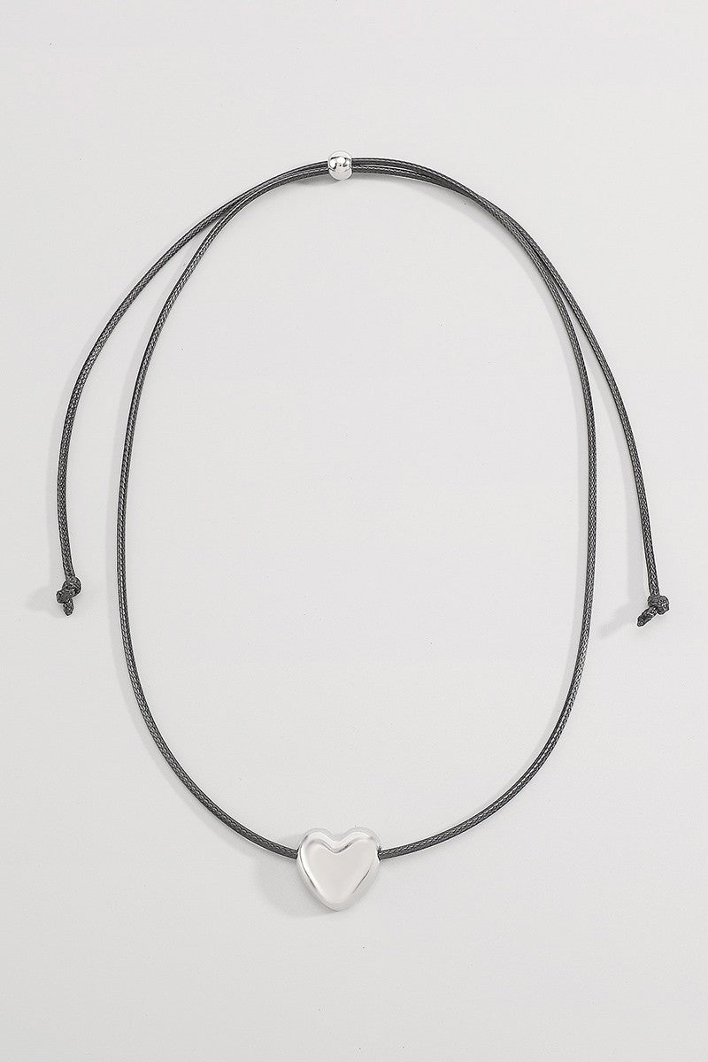 Adjustable Drawstring Heart Necklace -  Silver