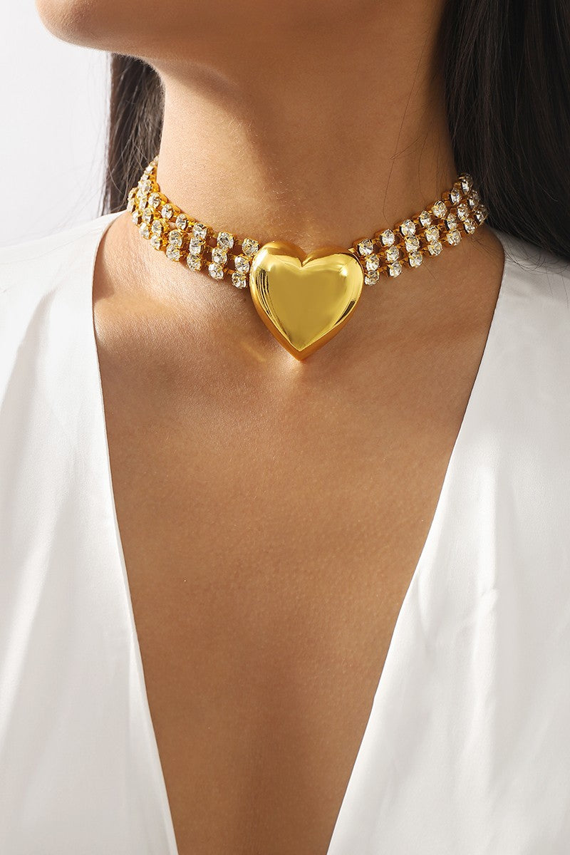 Rhinestone Heart Choker - Gold