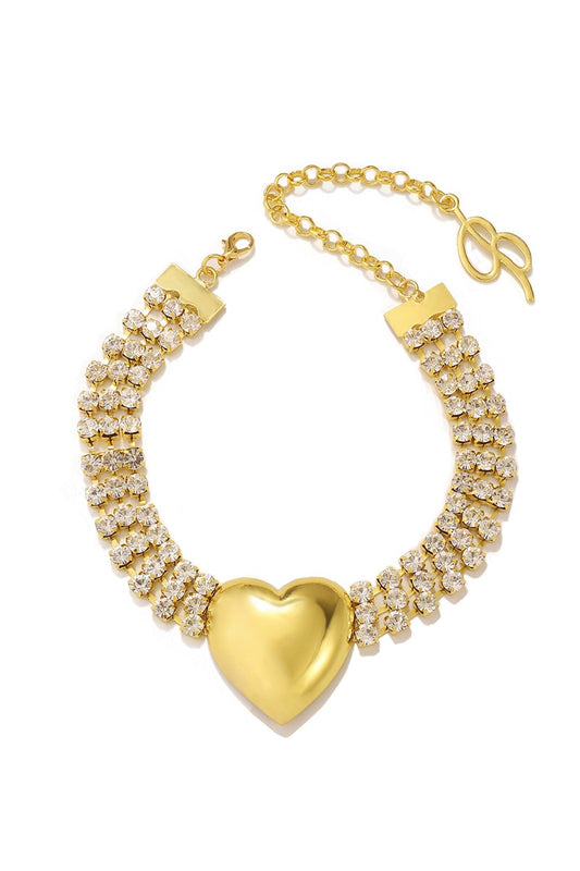 Rhinestone Heart Choker - Gold