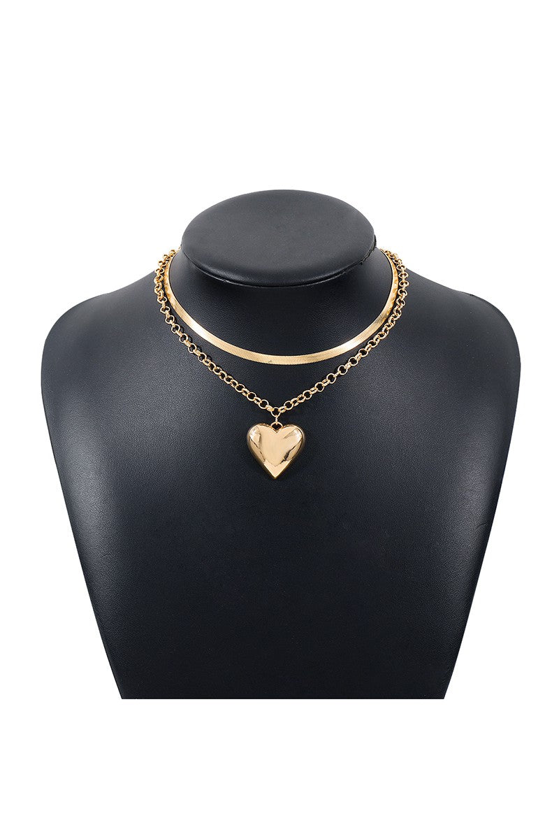 Layered Snake Chain Heart Pendant Necklace - Gold