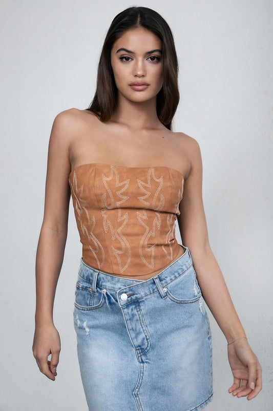Women's Tan Western Embroidered Corset Top 