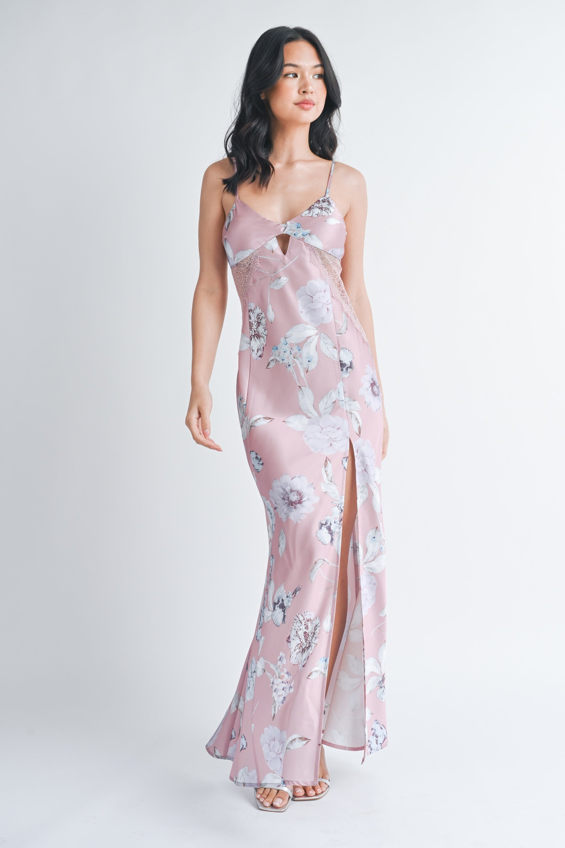 Blue Floral Slip Dress with Slit – Lace Detail Maxi Dress Medium
