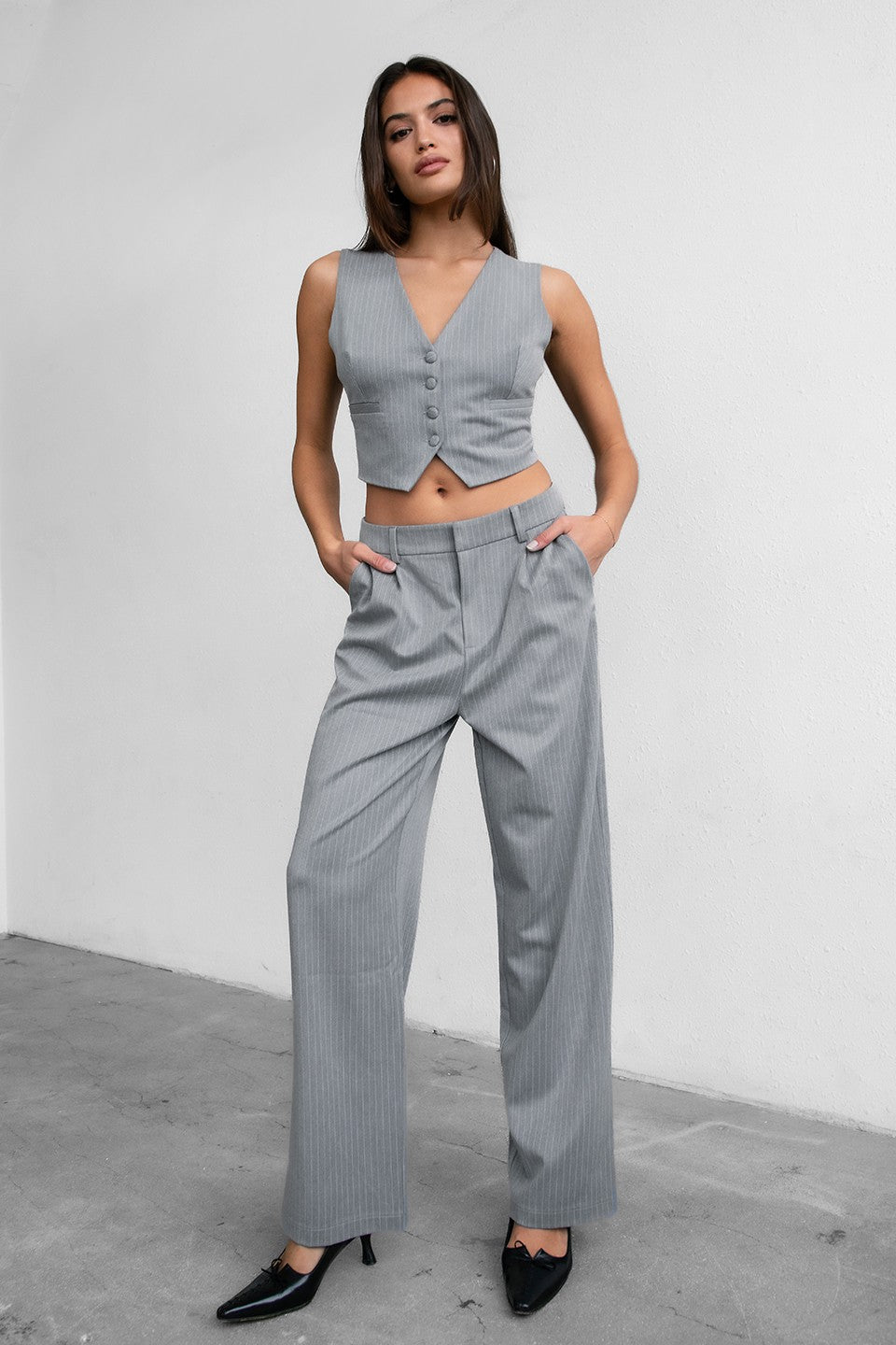 Women's Grey Striped Vest And Pants Set