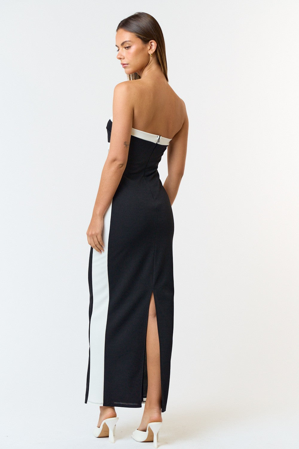 Women's Black and White Bold Contrast Tube Dress - Maxi Dress With slit in back