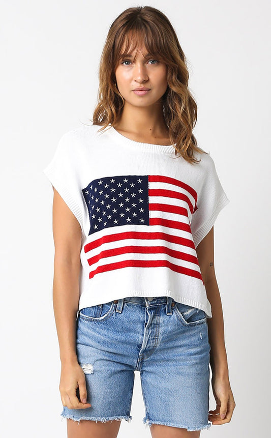 Women's white knitted sleeveless top with american flag on the front