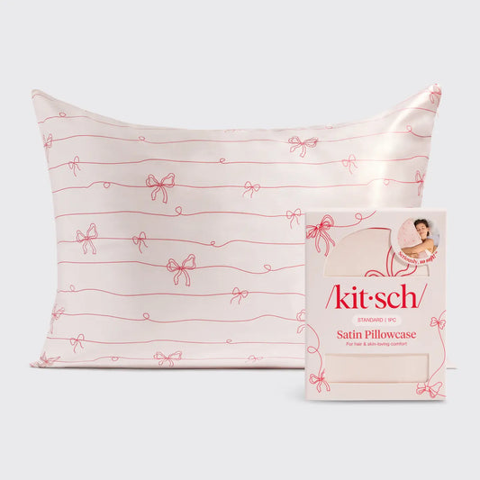 Holiday Satin Pillowcase in Striped Bows - Standard