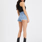 Salty Blue denim shorts with a high rise, relaxed short made from rigid denim.