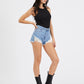 Salty Blue denim shorts with a high rise, relaxed short made from rigid denim.