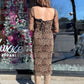 women's leopard midi dress with long sleeves, a sweetheart neckline with black black and a lace up corset back
