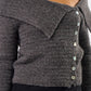 Gray off-shoulder sweater with button details on a plain background