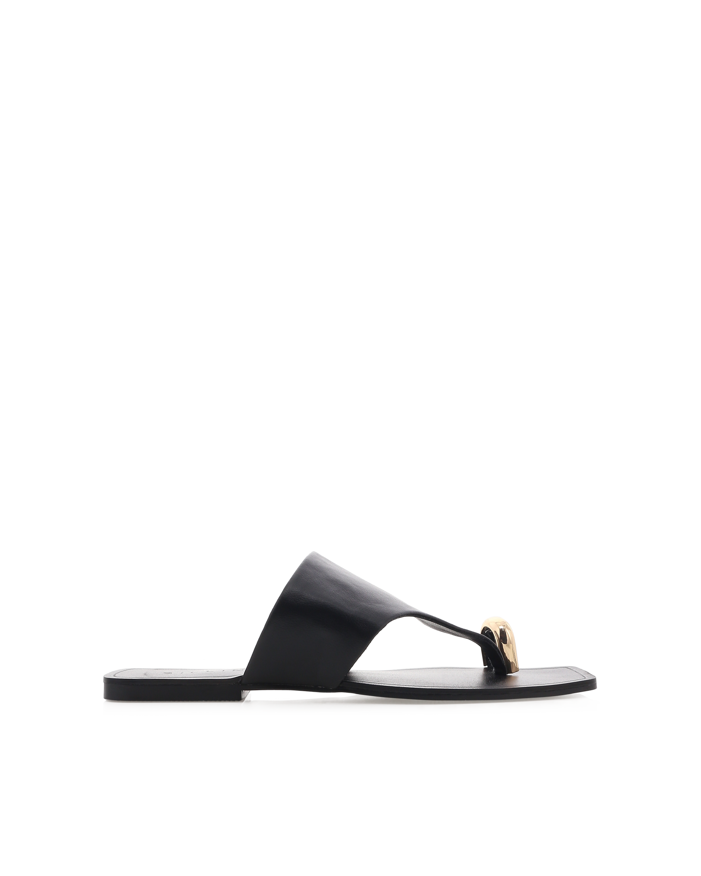 Sleek and modern, this black leather toe-ring sandal features a wide leather upper strap and a bold gold metallic toe-ring accent. With a square toe design and minimalist aesthetic, this sandal adds a chic touch to any outfit, perfect for casual days or elevated summer styling.