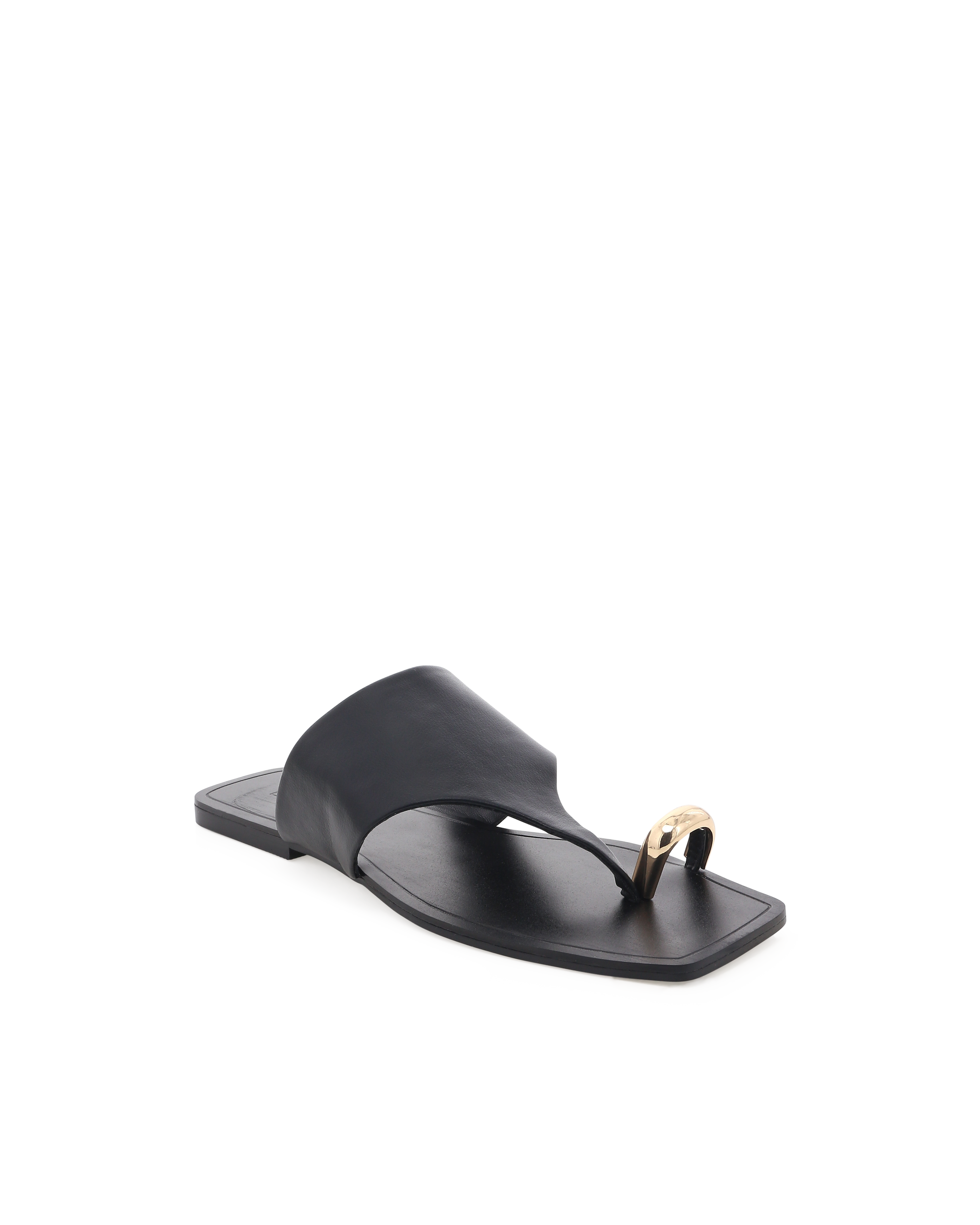 Sleek and modern, this black leather toe-ring sandal features a wide leather upper strap and a bold gold metallic toe-ring accent. With a square toe design and minimalist aesthetic, this sandal adds a chic touch to any outfit, perfect for casual days or elevated summer styling.