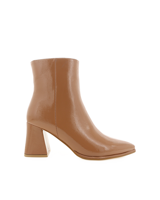 Chic ankle boot in a toffee crinkle patent and statement triangular block heel.