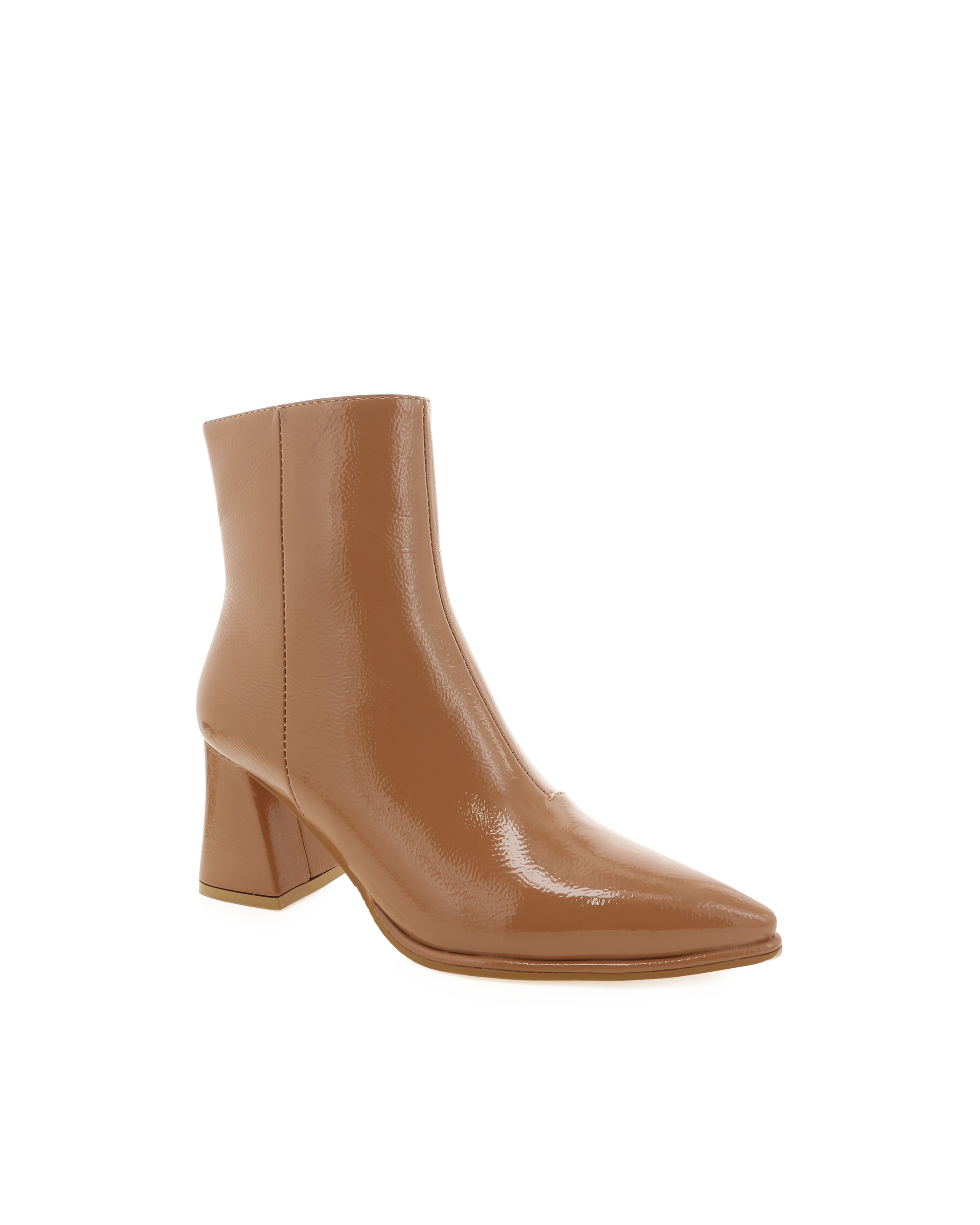 Chic ankle boot in a toffee crinkle patent and statement triangular block heel.