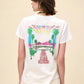 Vintage-inspired Journey California Rock & Roll graphic tee, featuring a bold retro helmet design on the front with colorful gradient lettering. The back showcases a 1983 Los Angeles concert graphic with palm trees and a sunset aesthetic. Designed in a relaxed fit, this lightweight tee is perfect for music lovers and casual streetwear.