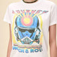 Vintage-inspired Journey California Rock & Roll graphic tee, featuring a bold retro helmet design on the front with colorful gradient lettering. The back showcases a 1983 Los Angeles concert graphic with palm trees and a sunset aesthetic. Designed in a relaxed fit, this lightweight tee is perfect for music lovers and casual streetwear.