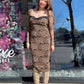 women's leopard midi dress with long sleeves, a sweetheart neckline with black black and a lace up corset back